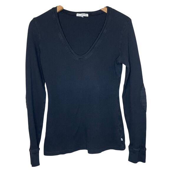 Standard James Perse Black Waffle Knit Long Sleeve V Neck Tee Size 2 (Med) - Picture 1 of 9